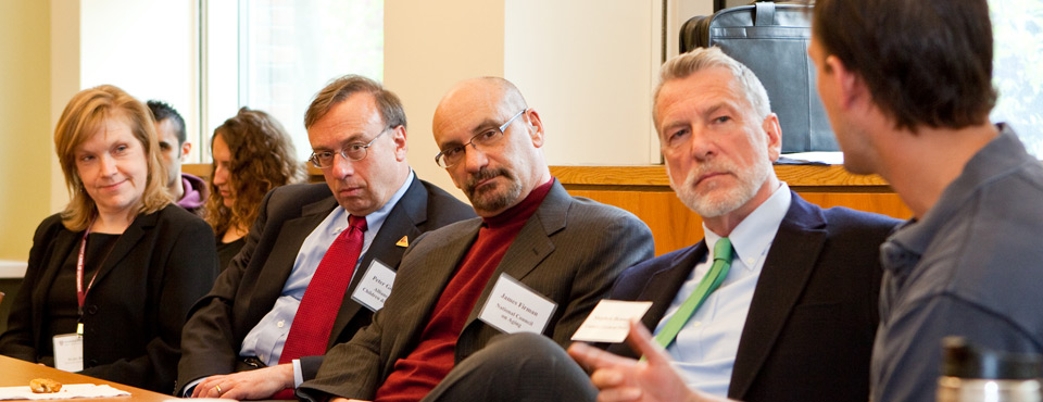 Leadership 18 members speak with Harvard Kennedy School students. (Photography by Bruce Mount)