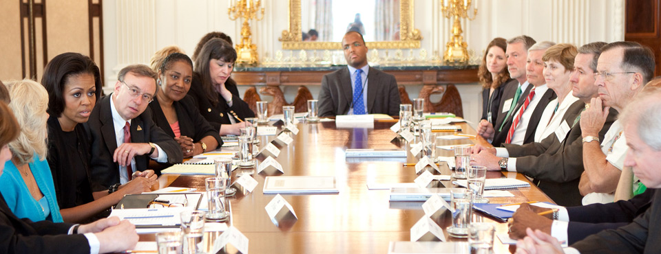 First Lady Michelle Obama meets with Leadership 18 members in the State Dining Room of the White House, May 25, 2010. (Official White House Photo by Samantha Appleton) This photograph is provided by THE WHITE HOUSE as a courtesy and may be printed by the subject(s) in the photograph for personal use only. The photograph may not be manipulated in any way and may not otherwise be reproduced, disseminated or broadcast, without the written permission of the White House Photo Office. This photograph may not be used in any commercial or political materials, advertisements, emails, products, promotions that in any way suggests approval or endorsement of the President, the First Family, or the White House.